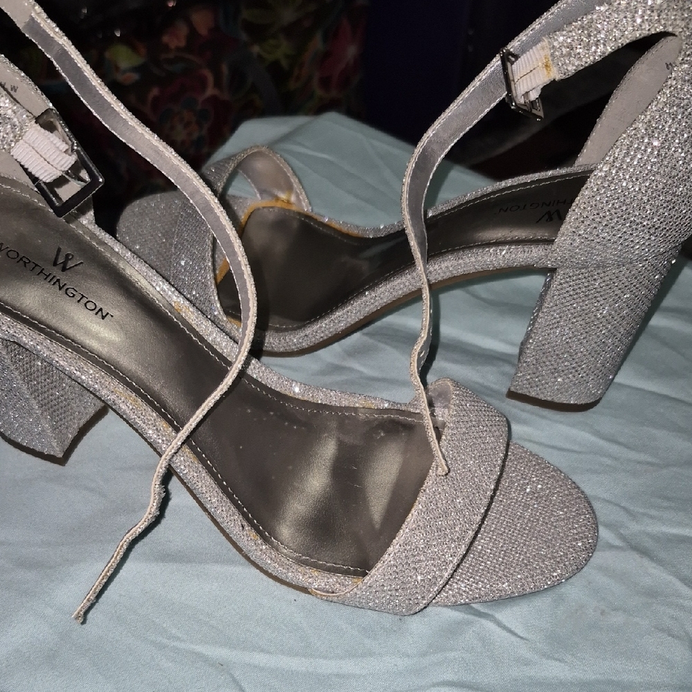 Worthington Silver Glitter Block Heel Sandals with Ankle Strap